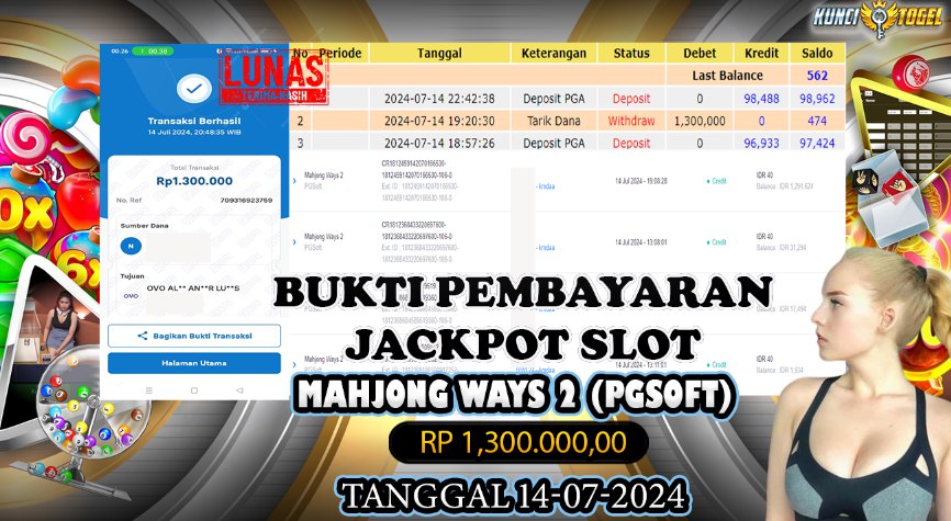 BUKTI JACKPOT KUNCITOGEL SLOT PGSOFT MAHJONG WAYS 2 ( 14-07-2024 )