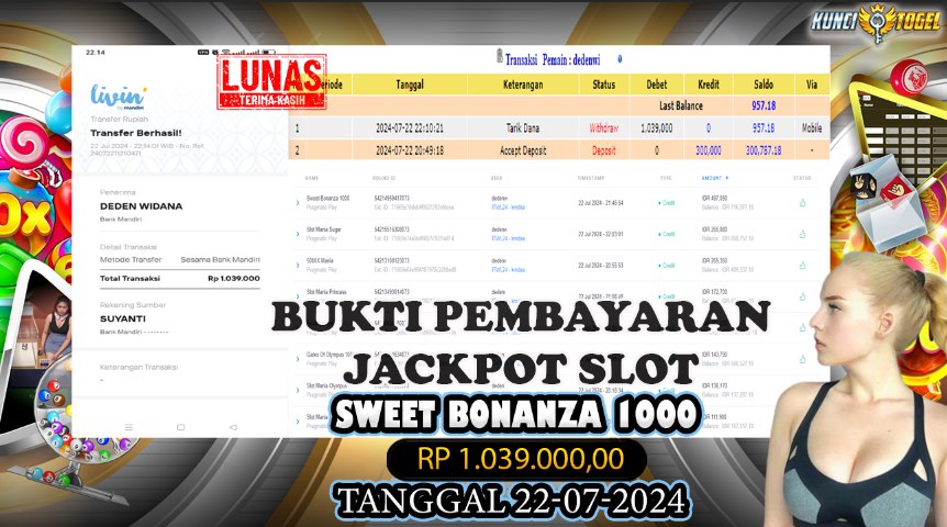 BUKTI JACKPOT KUNCITOGEL SLOT PRAGMATIC SWEET BONANZA 1000 ( 22-07-2024 )