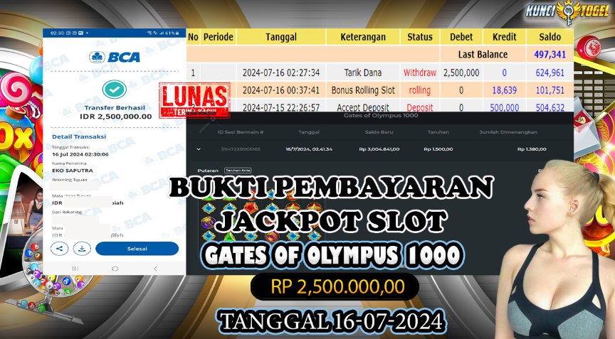 BUKTI JACKPOT KUNCITOGEL SLOT PRAGMATIC GATE OF OLYMPUS 1000 ( 16-07-2024 )