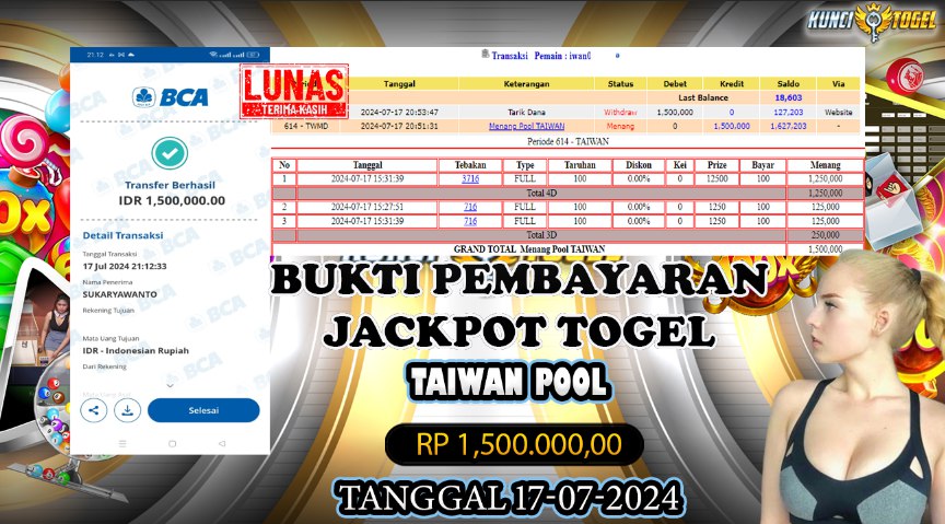 BUKTI JACKPOT KUNCITOGEL POOLS TAIWAN ( 17-07-2024 )