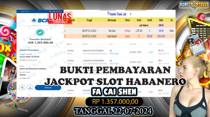 BUKTI JACKPOT KUNCITOGEL SLOT HARBANERO FA CAI SHEN ( 22-07-2024 )