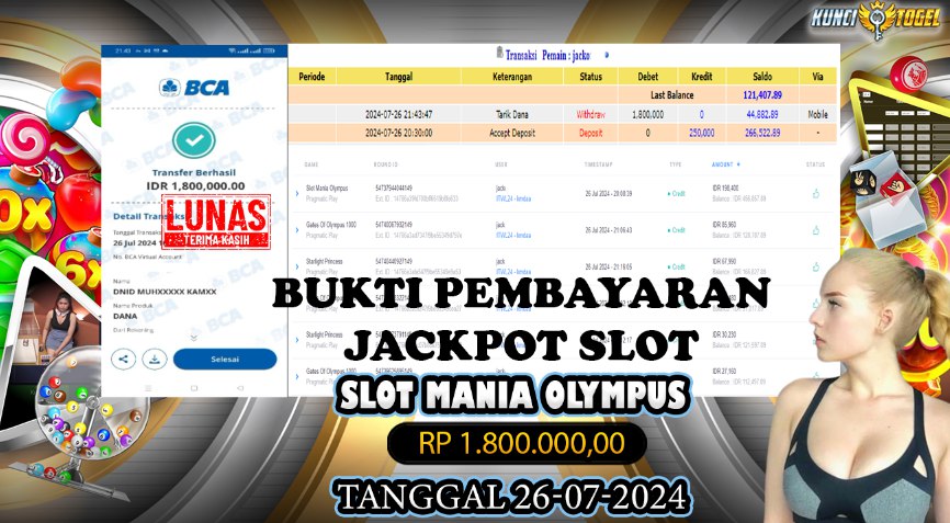 BUKTI PEMBAYARAN JACKPOT KUNCITOGEL SLOT PRAGMATIC GATE OF OLYMPUS ( 26-07-2024 )