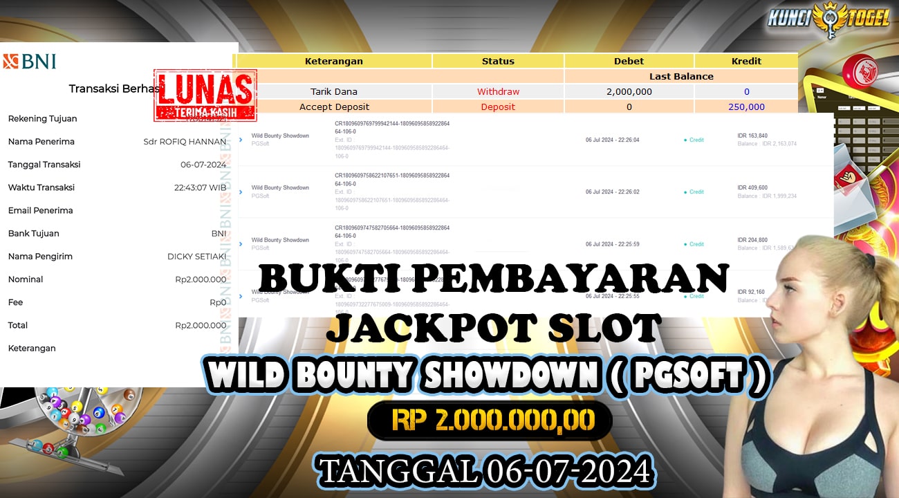 BUKTI JACKPOT KUNCITOGEL SLOT PGSOFT WILD BOUNTY SHOWDOWN ( 06-07-2024 )