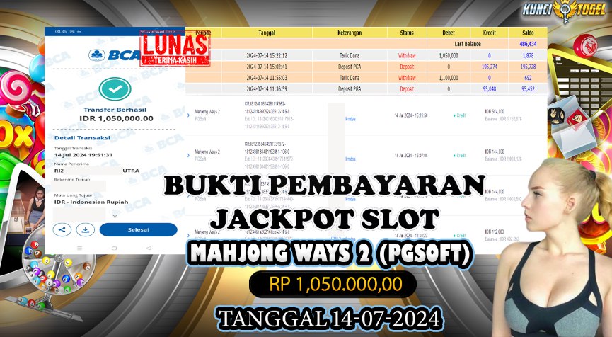 BUKTI JACKPOT KUNCITOGEL SLOT PGSOFT MAHJONG WAYS 2 ( 14-07-2024 )