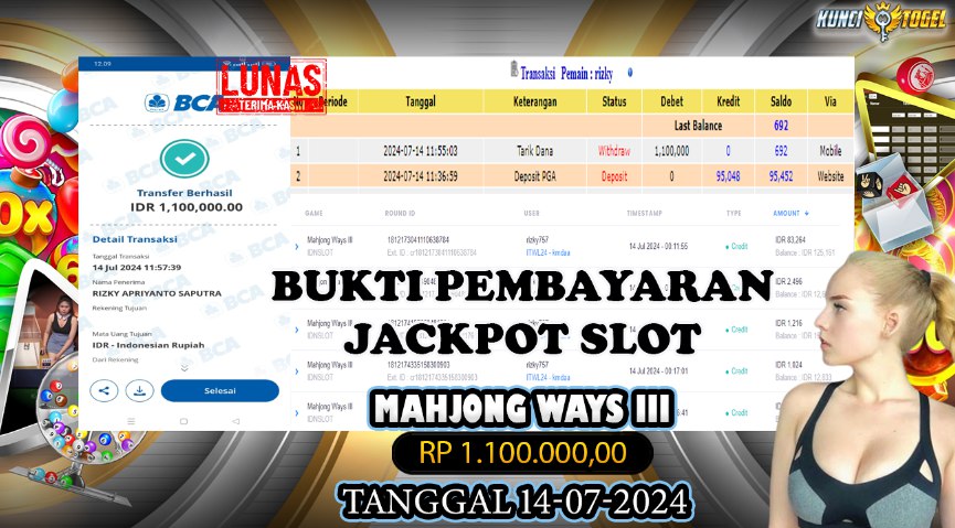 BUKTI JACKPOT KUNCITOGEL SLOT PRAGMATIC MAHJONG WAYS III ( 14-07-2024 )