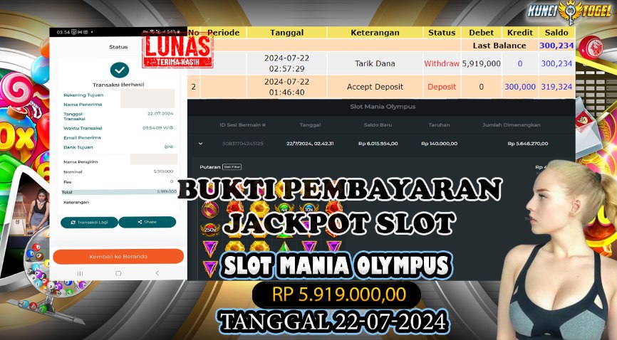 BUKTI JACKPOT KUNCITOGEL SLOT PRAGMATIC GATE OF OLYMPUS MANIA ( 22-07-2024 )