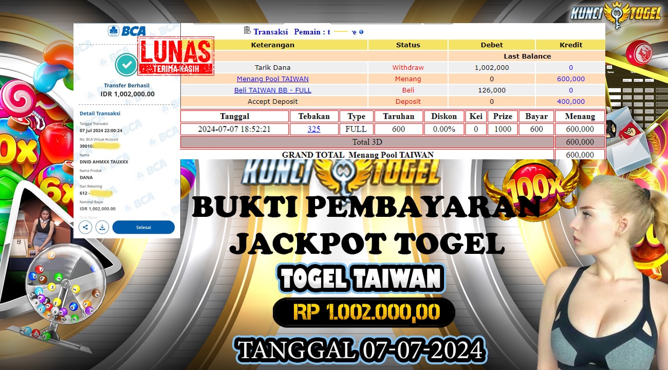 BUKTI JACKPOT KUNCITOGEL PASARAN TOGEL TAIWAN ( 07-07-2024 )