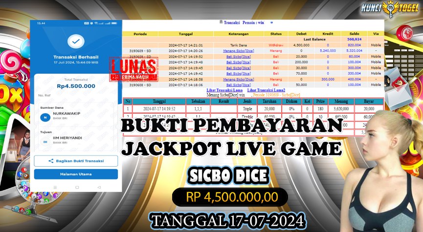 BUKTI JACKPOT KUNCITOGEL LIVEGAME SICBO ( 17-07-2024 )