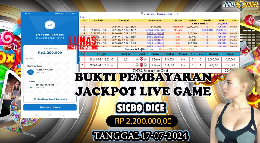 BUKTI JACKPOT KUNCITOGEL LIVEGAME SICBO ( 17-07-2024 )