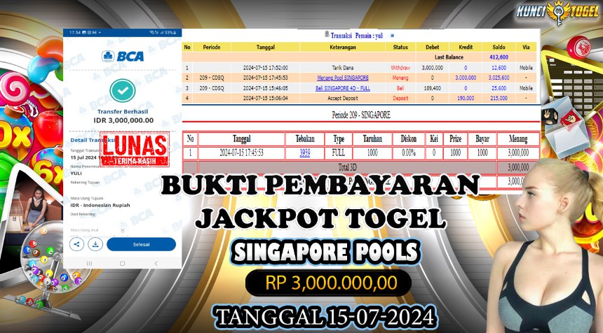 BUKTI JACPOT KUNCITOGEL POOLS SINGAPORE ( 15-07-2024 )